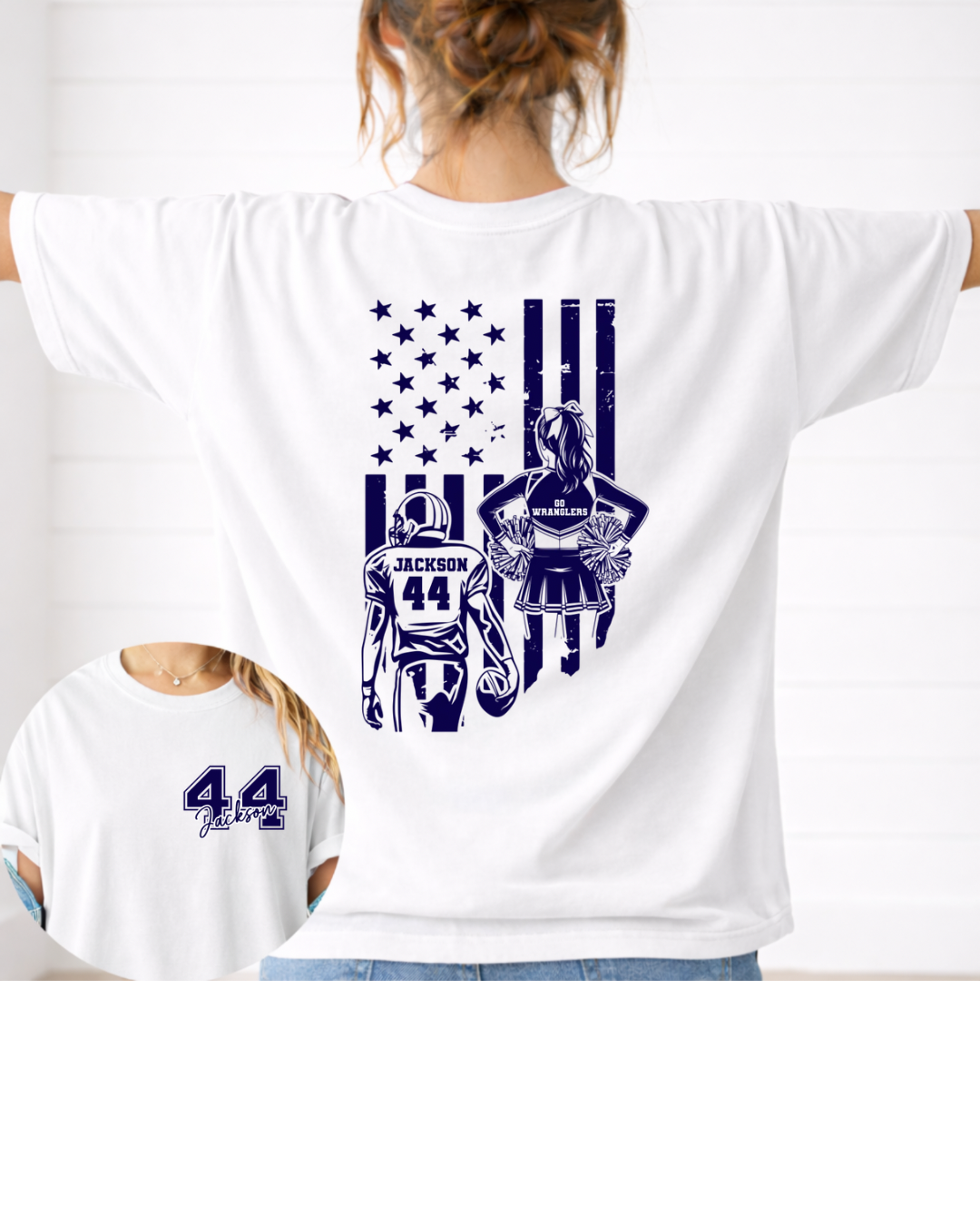 Flag with football and cheerleader